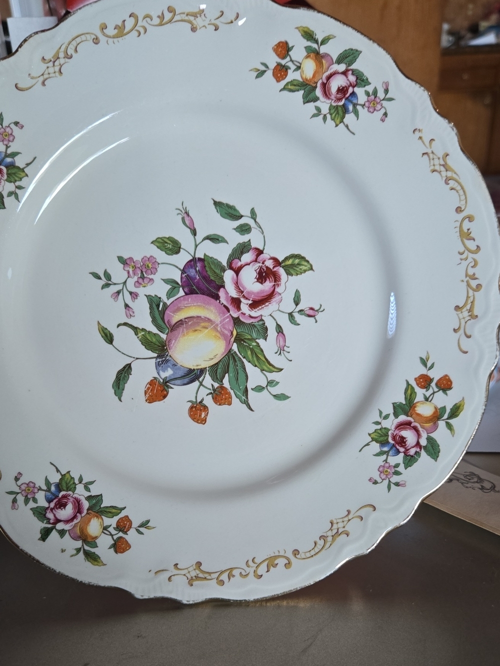 Homer Laughlin Porcelain Plate with Pink Roses, Green Leaves & Gold Scroll